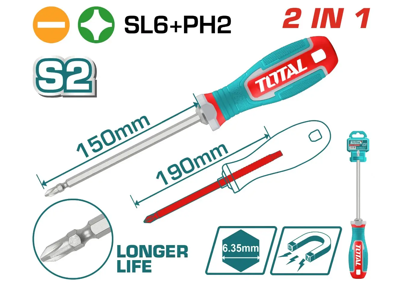 مفك براغي قلاب PH2 -SL6 (S2 ) من TOTAL - THT250266
