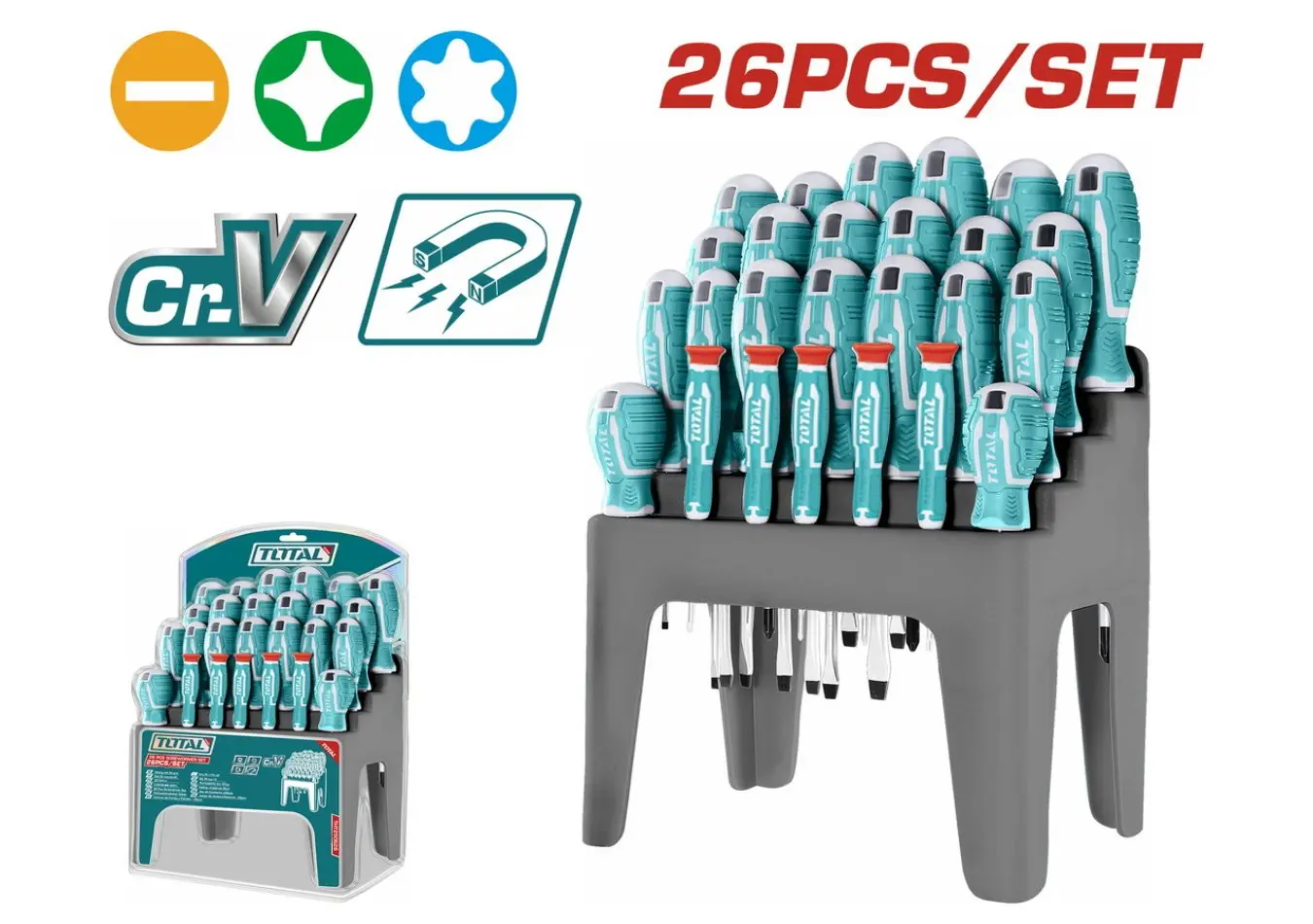 طقم مفكات براغي 26 قطعة مفكات عادي ومصالب مع ستاند بلاستيكCR-V ماركة TOTAL - THT250626