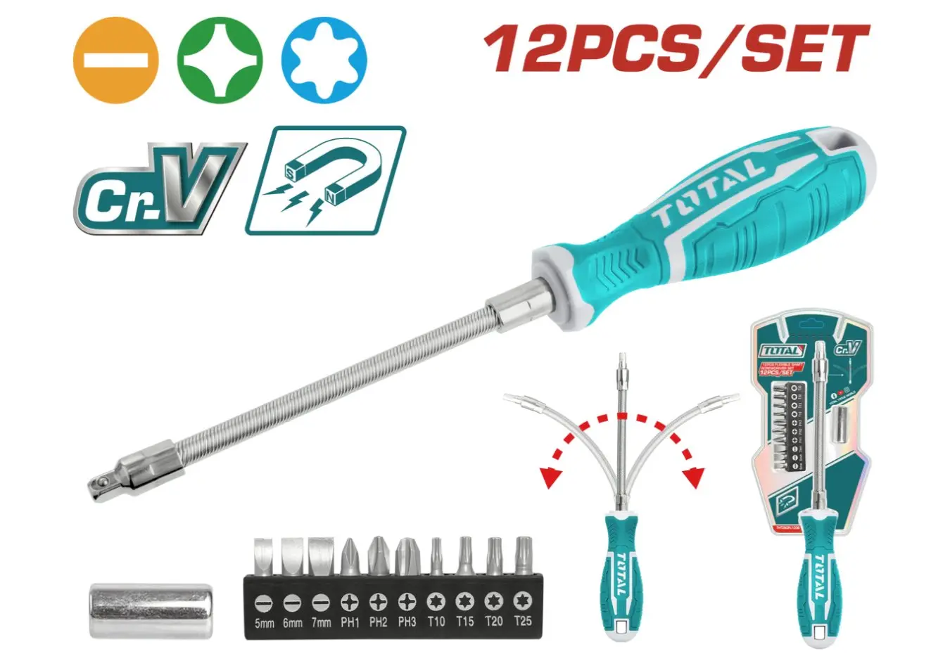 طقم مفك براغي مرن راصور 12 قطعة + رؤوس مصالب + شق ماركة TOTAL - THT250FL1206