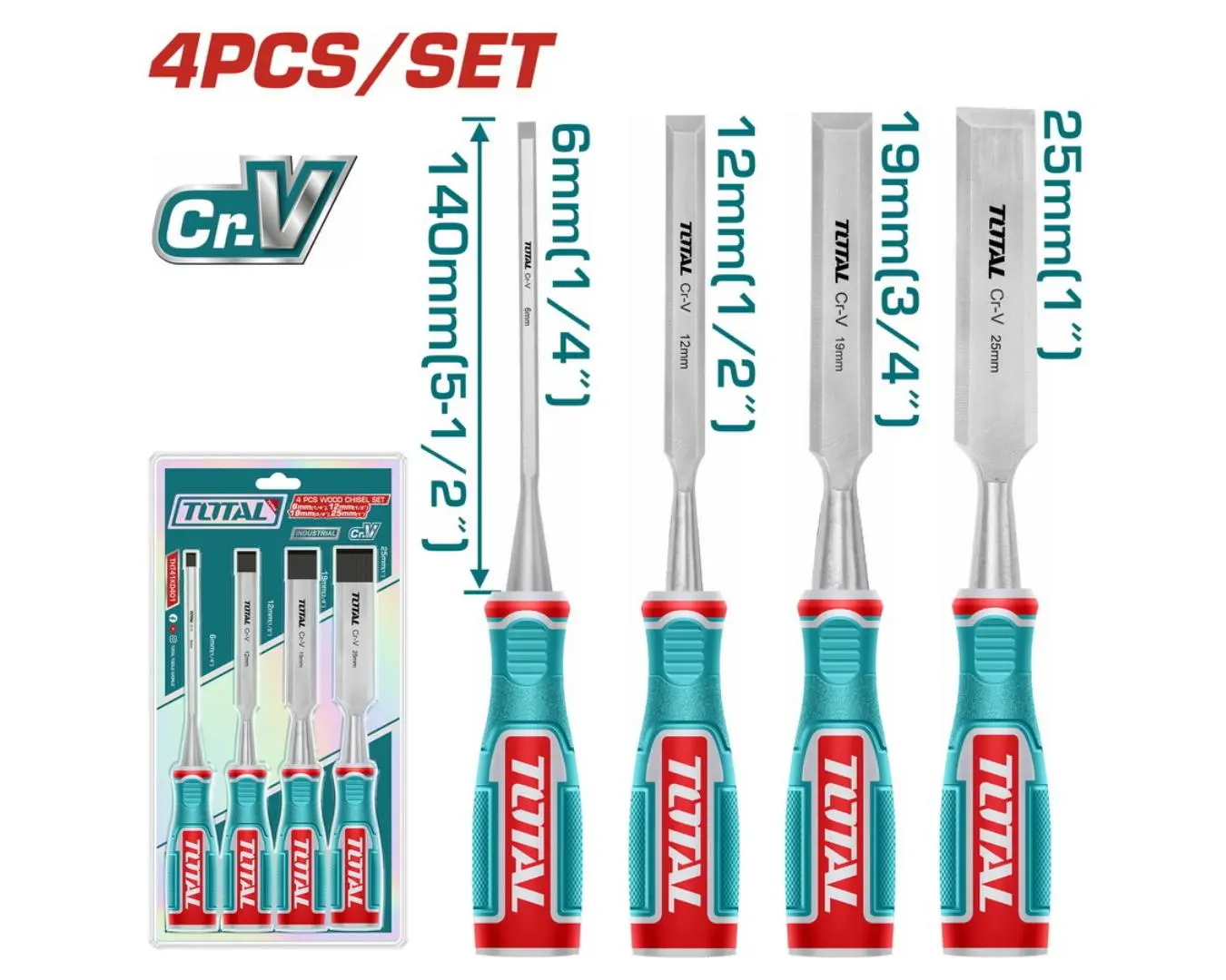 طقم ازميل خشب 4 قطع 6-12-19-25 مم TOTAL - THT41K0401