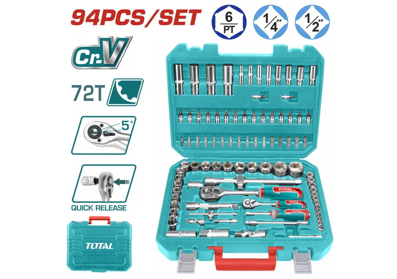 طقم فنجان 1/2+1/4 انش 94 قطعة مع مفاتيح طقطاق + رؤوس مفك + مسدس+نجمة + فنجان طويل TOTAL - THT421942