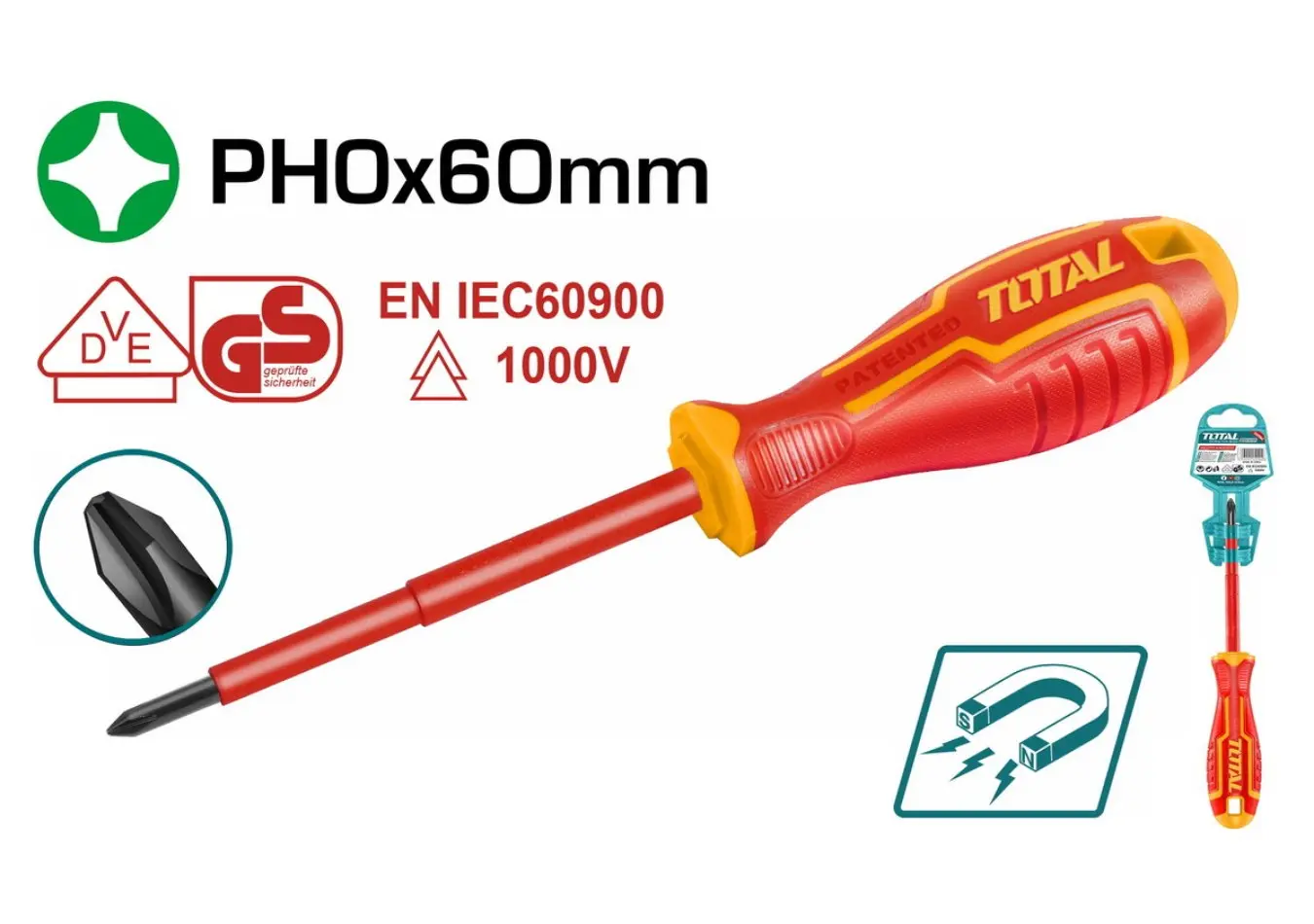 مفك براغي مصالب معزول احمر PH0*60 ماركة TOTAL CRV - THTISPH060