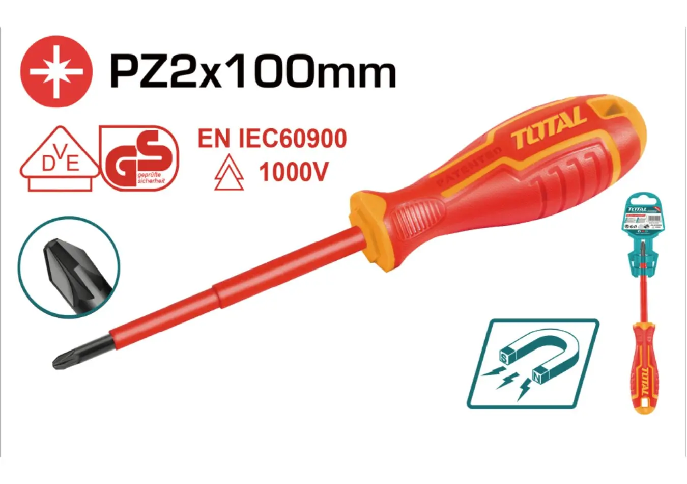 مفك براغي مصالب معزول احمر PZ2*100 تصميم جديد TOTAL CRV - THTISPZ2100