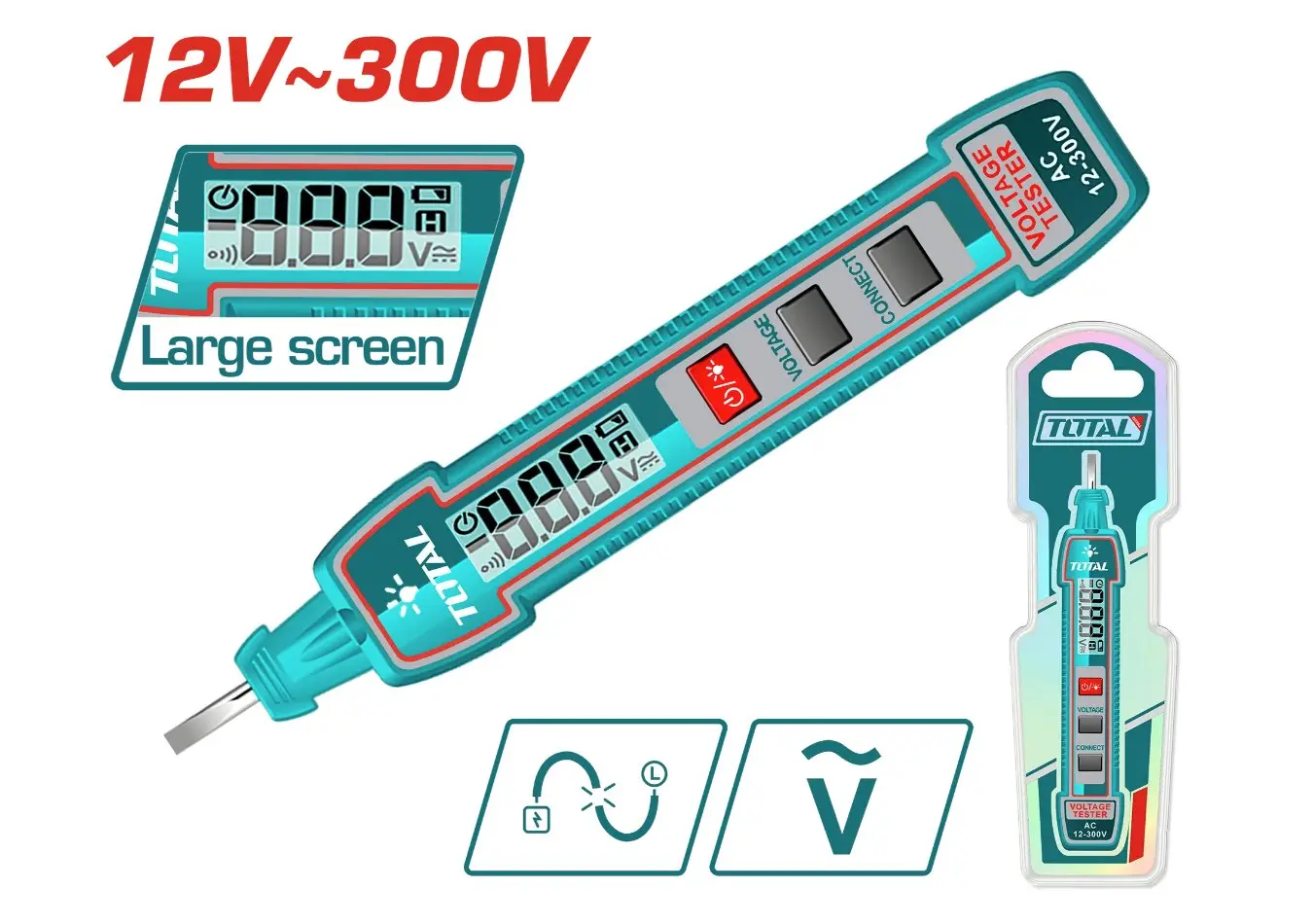 قلم فحص 300- 12 فولت ماركة TOTAL شاشة ديجيتال LCD مع منبه صوت وضوء اقفال ذاتي مع بطارية - THTS33001