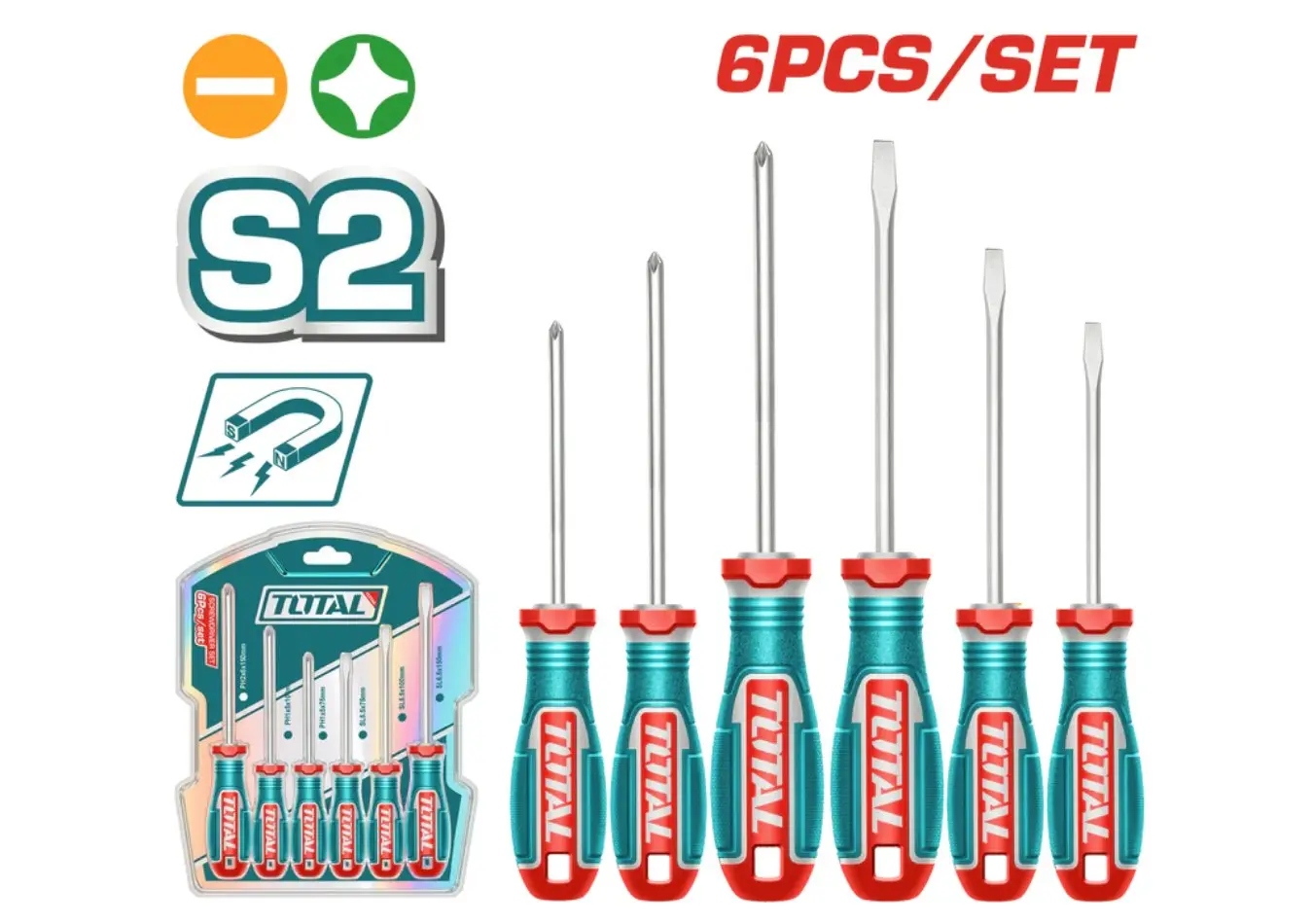 طقم مفكات 6 قطع مفكات S2 شق + مصالب ماركة TOTAL - TKSDS0626