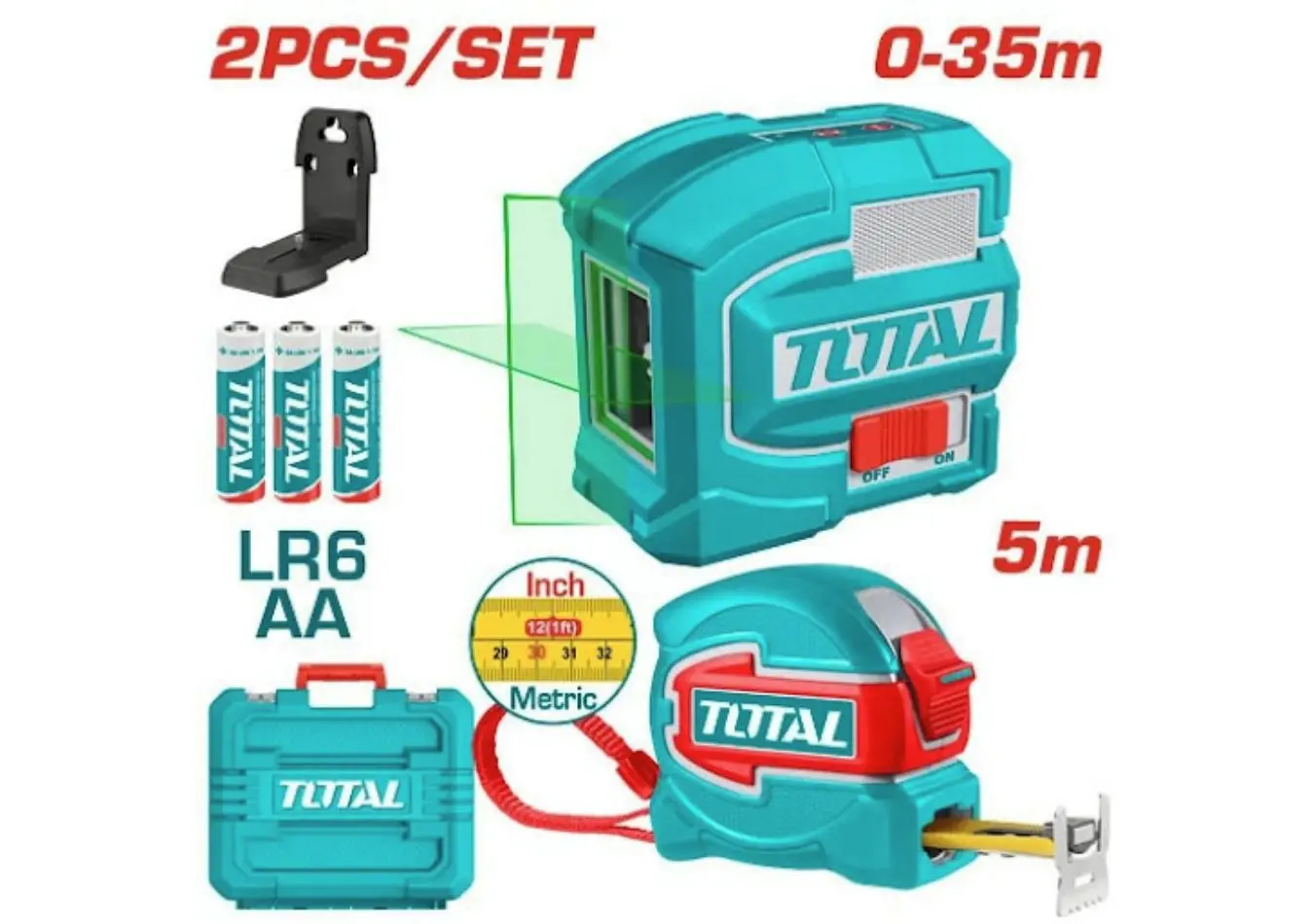 كومبو شقلة ليزر اخضر خطين 35 متر + متر 5*32 ضمن حقيبة بلاستيك TOTAL - TLL680081-1