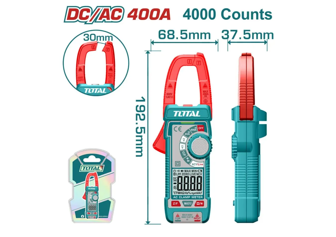 كلبس امبير 400 امبير 4000 عملية AC/DC مقياس مقاومة مكثفات ماركة TOTAL - TMT762002