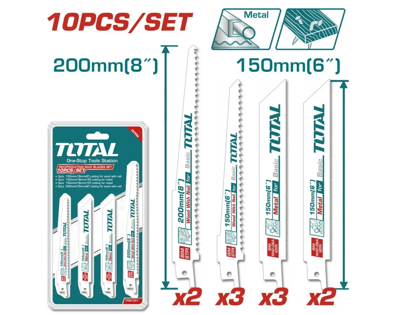طقم 10 قطع نصلات منشار ترددي قص حديد + خشب +المنيوم ماركة TOTAL - TRSB1001