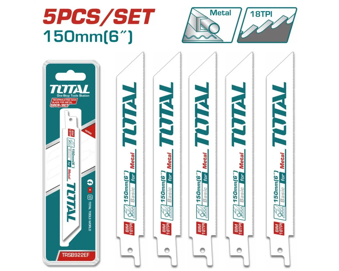 طقم 5 قطع نصلات منشار ترددي قص حديد ماركة TOTAL - TRSB922EF