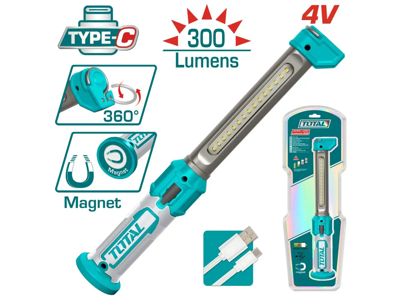 لمبة عمل بطارية 4 فولت 300 لومينز مجال 10 متر مربع شاحن TYPE-C ماركة TOTAL - TWLI043006