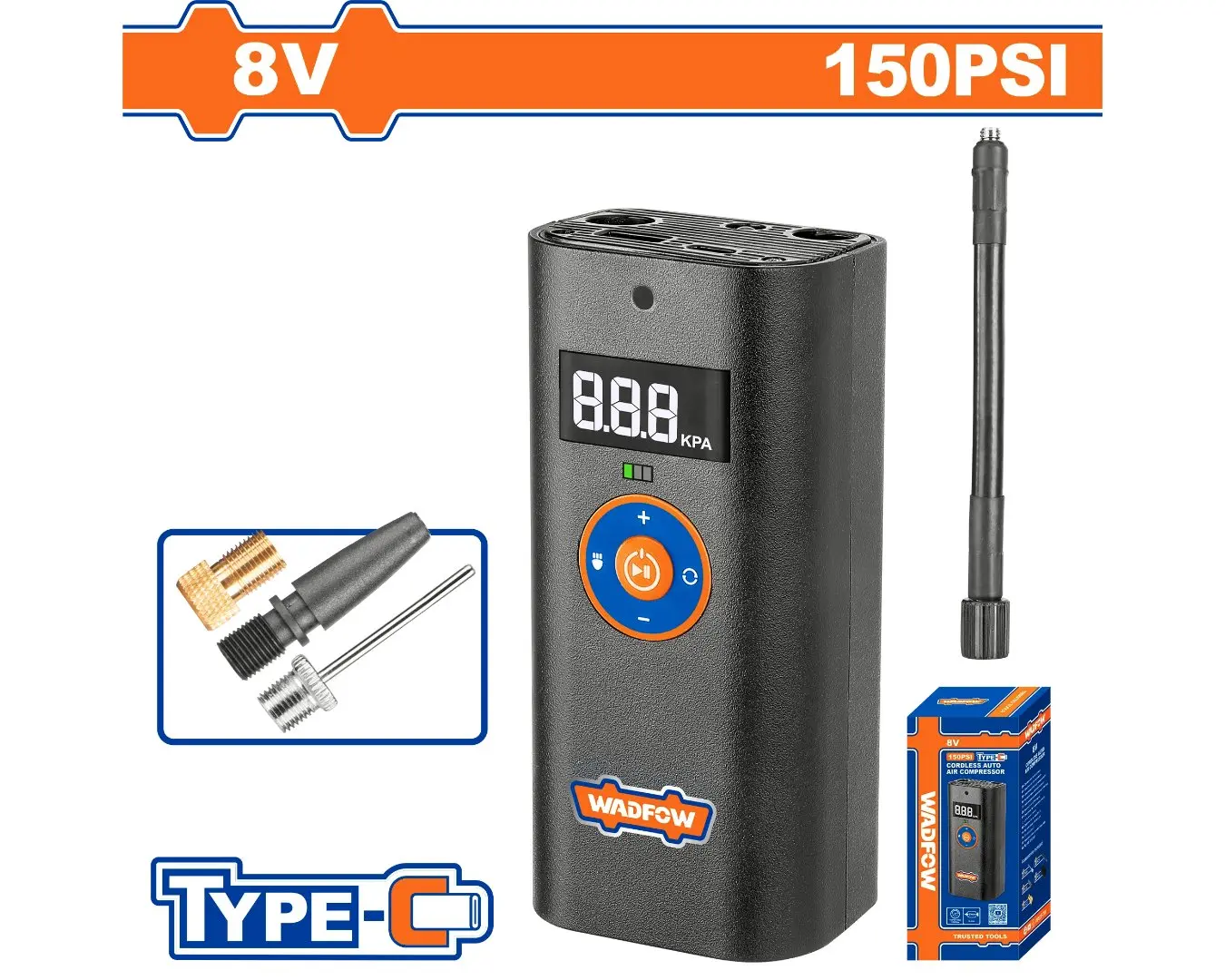 ضاغط هواء بطارية 8 فولت TYPE-C بطارية داخلية + اكسسوارات ماركة WADFOW - WAAM572