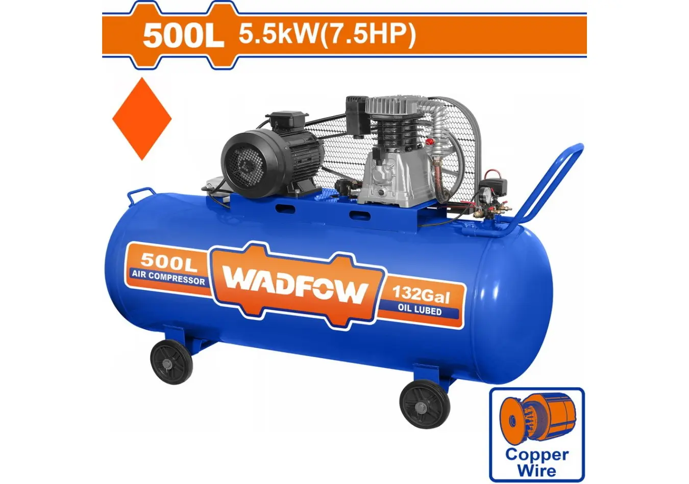 كمبرسور ضاغط هواء 500 ليتر 7.5 حصان 3 فاز ملف نحاس ماركة WADFOW - WAP4R35