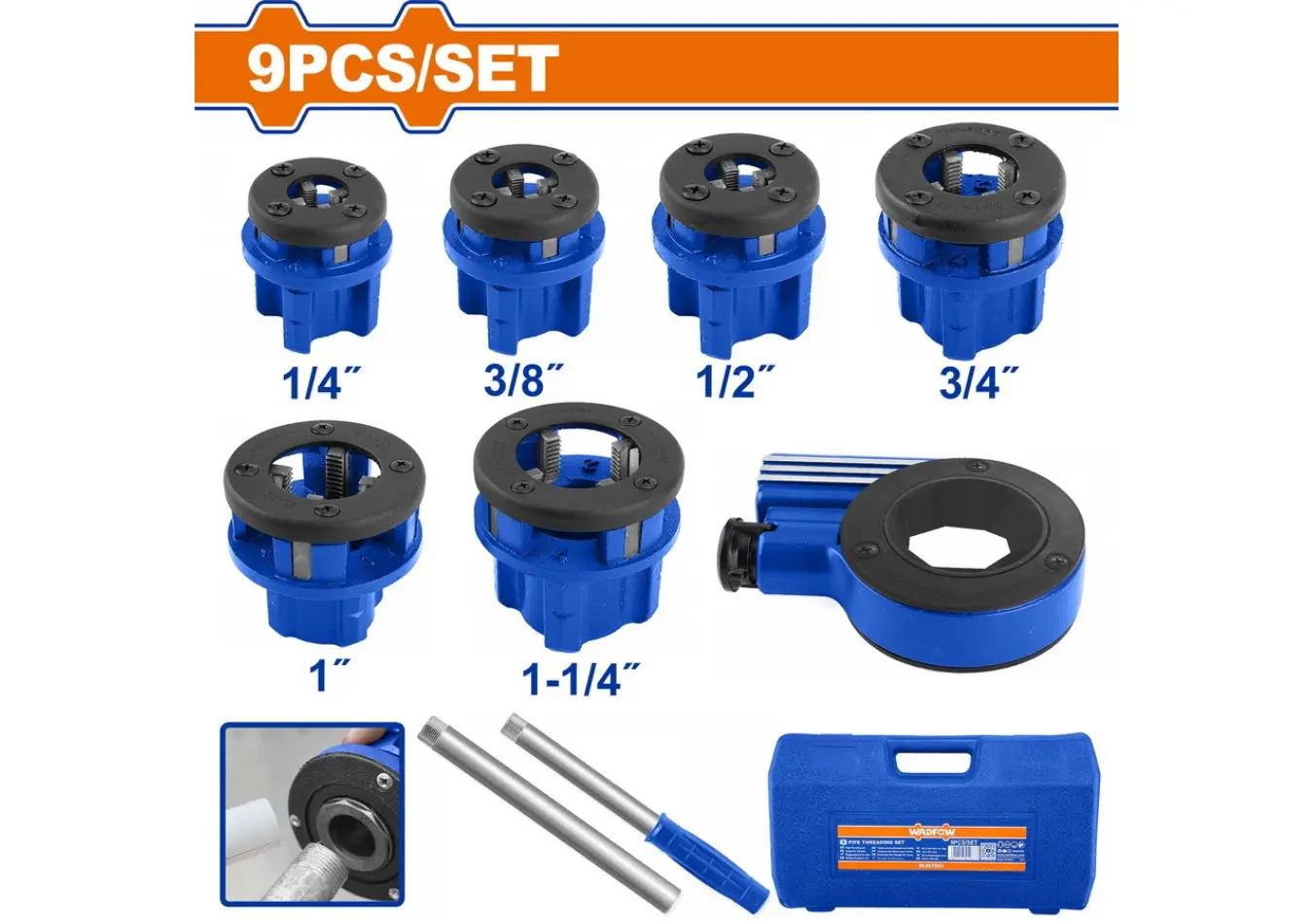طقم حدايه بواري صحية 1/4",3/8",1/2",3/4",1",1 1/4" ضمن علبة بلاستيك ماركة WADFOW - WJK1D61