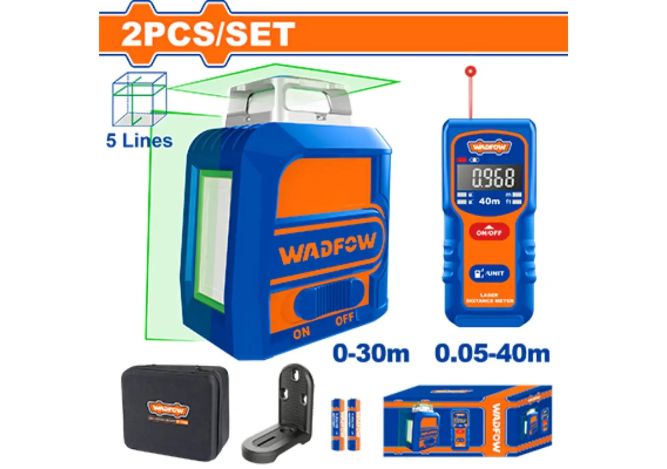 كومبو شقلة ليزر اخضر 5 خطوط 30 متر + متر ليزر 40 متر WADFOW - WLDK3901