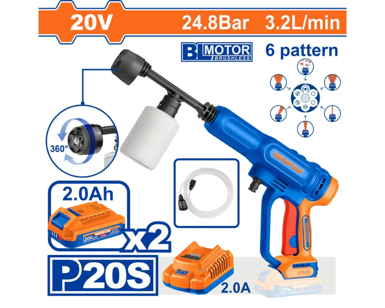 مغسل سيارات بطارية 20 فولت ضغط 24.8 بار BL + بطارية 2 امبير عدد 2 + شاحن WADFOW - WQX11203