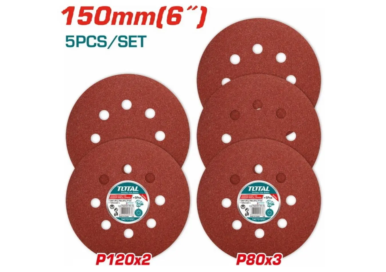 ورق برداغ 150 مم دائرية نعومة P 80 /3 , P120/2 مجموعة 5 قطع TOTAL - TAC731501
