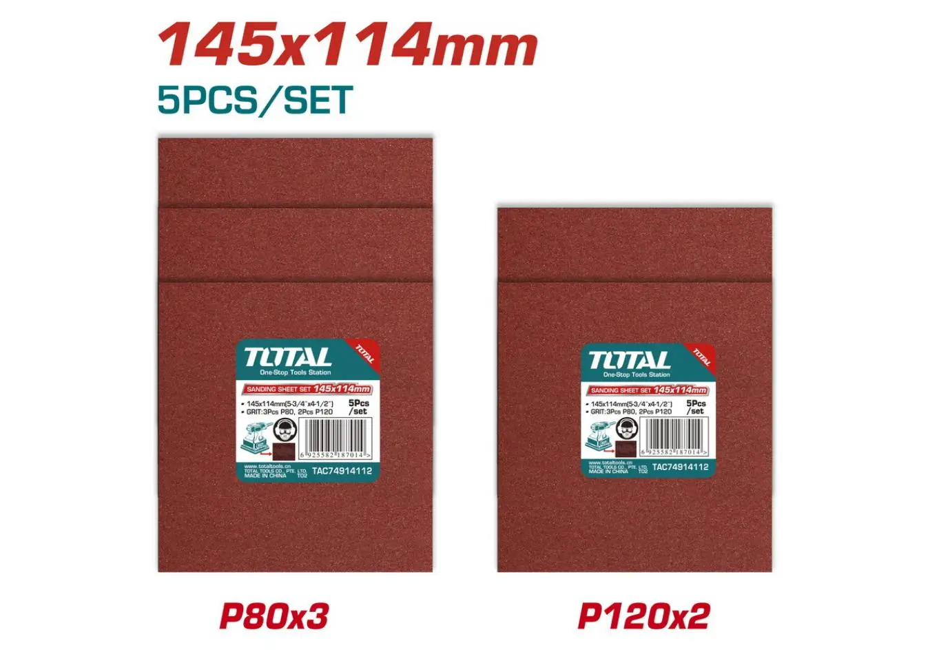 ورق برداغ 145 × 114 نعومة P 80 /3 , P120/2 مجموعة 5 قطع TOTAL - TAC74914112