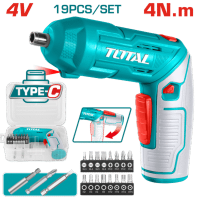 مفك براغي 4 فولت قابل للتحريك عزم 4 نيوتن شحن TYPE-C + اكسسوارات 19 قطع ضمن حقيبة بلاستيك TOTAL - TSDLI0442