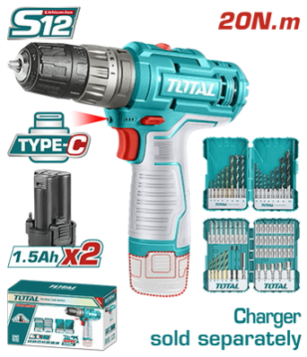 مثقب بطارية 12 فولت رجاج 20 نيوتن TYPE-C + بطارية عدد 2 + ومجموعتين (ريش+رؤوس شد) ماركة TOTAL - TOSLI240467