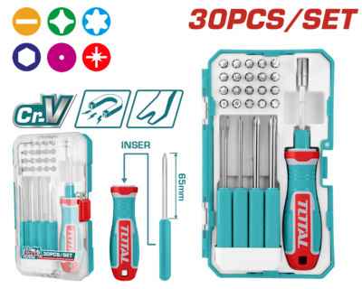 طقم مفك براغي 30 قطعة + تطويلة + لقم شد مصالب + شق + مسدس + مشرشر ضمن علبة بلاستيك ماركة TOTAL - TACSD30306