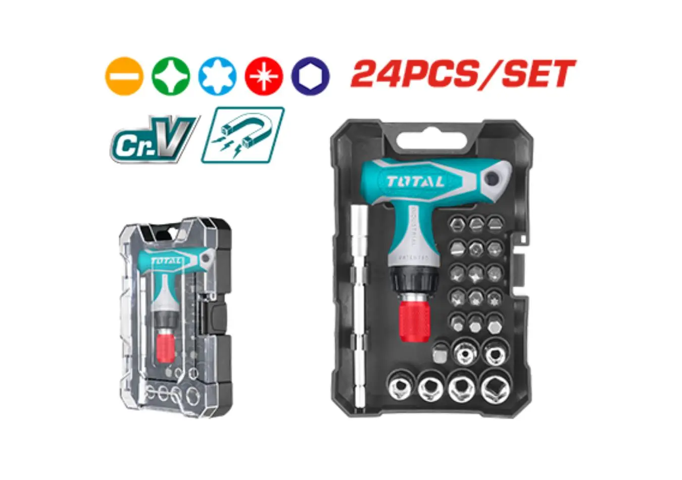 طقم مفك براغي 24 قطعه شكل حرف T طقطاق براغي + جوز ماركة TOTAL - TACSD30186