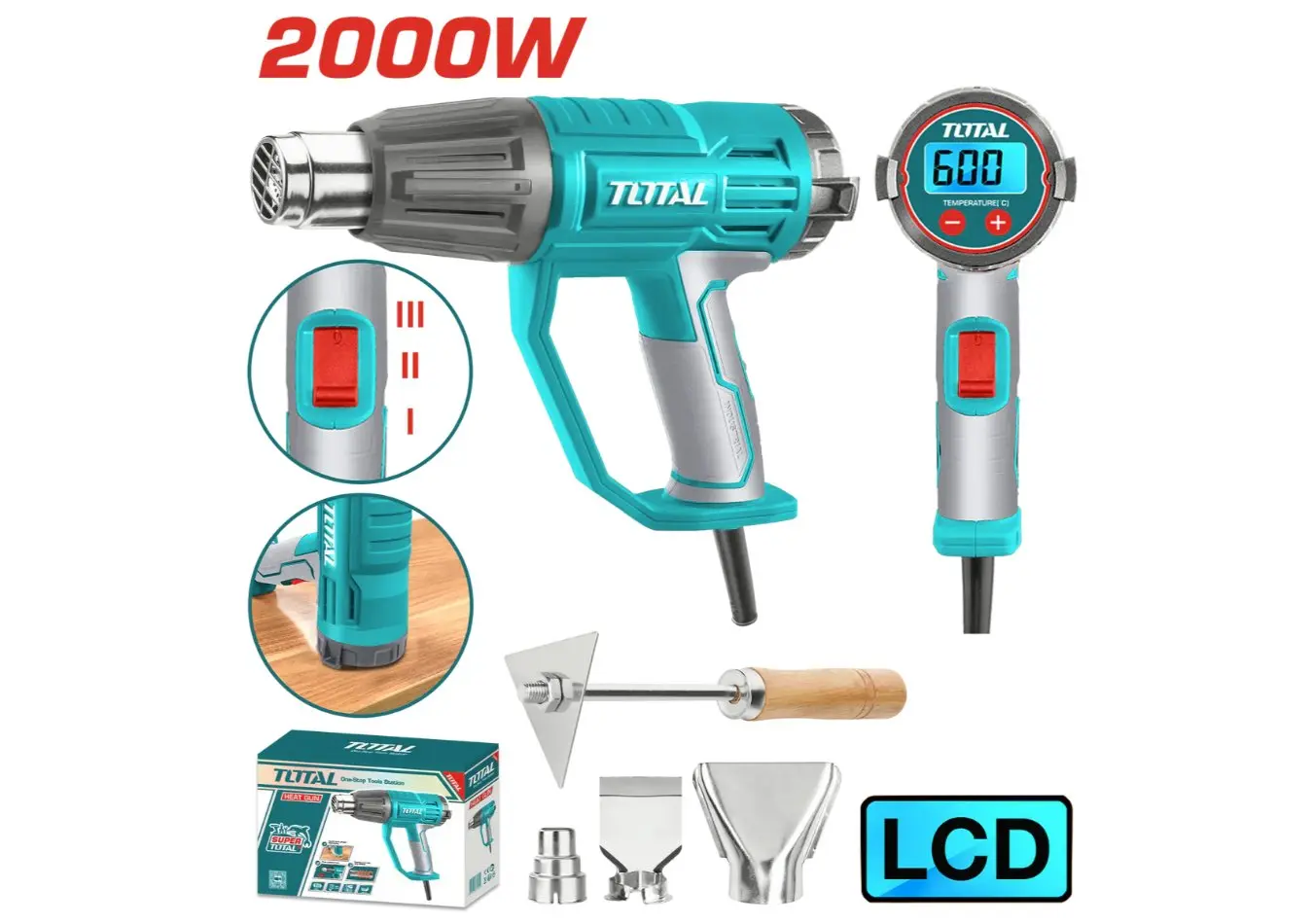 كور هواء ساخن 2000 واط ديجيتال 3 سرعات مجال الحرارة (50-600) مع اكسسوارات TOTAL - TB20056
