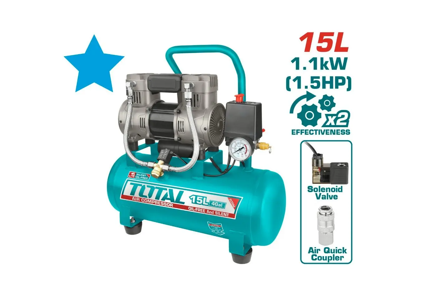 كمبرسور ضاغط هواء 15 لتر صامت 1100 واط TOTAL - TCS1110152