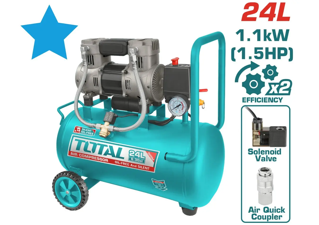 كمبرسور ضاغط هواء 24 ليتر 1.5 حصان صامت 1100 واط TOTAL ملف المنيوم موديل حديث - TCS1110242