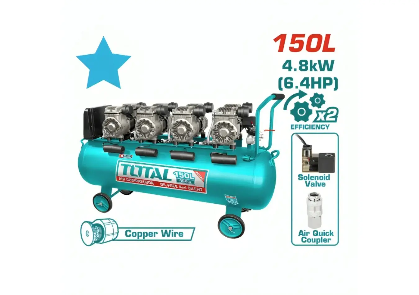 كمبرسور ضاغط هواء 150 لتر صامت 4 × 1200 واط TOTAL - TCS4481508