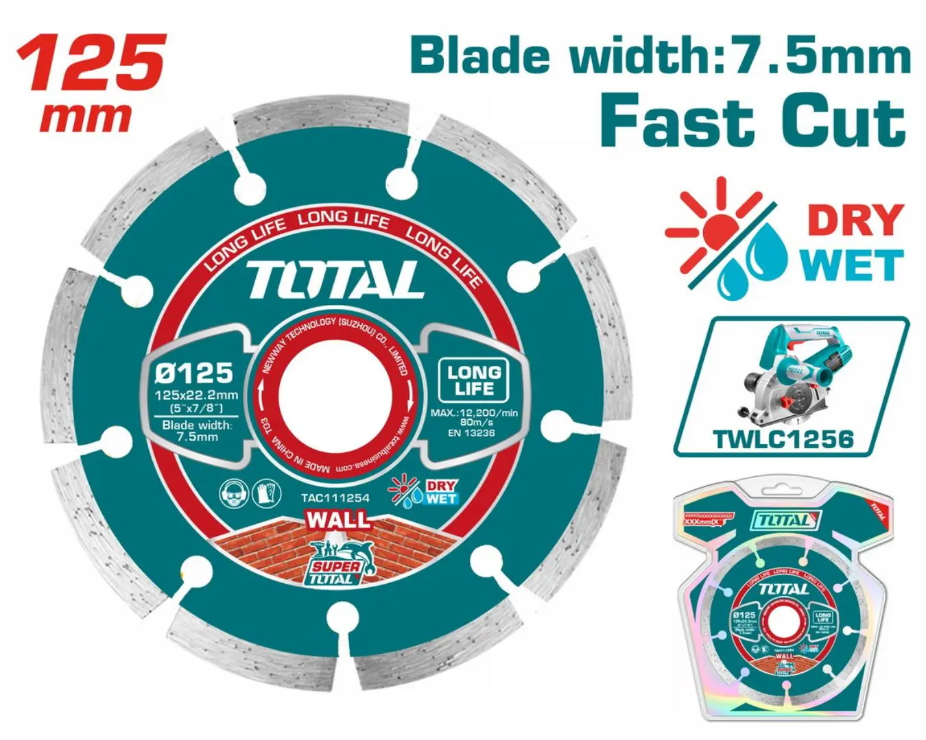 ديسك قص الماس 5 انش TOTAL لزوم قصاصة جدران TWLC1256 رطب+جاف - TAC111254