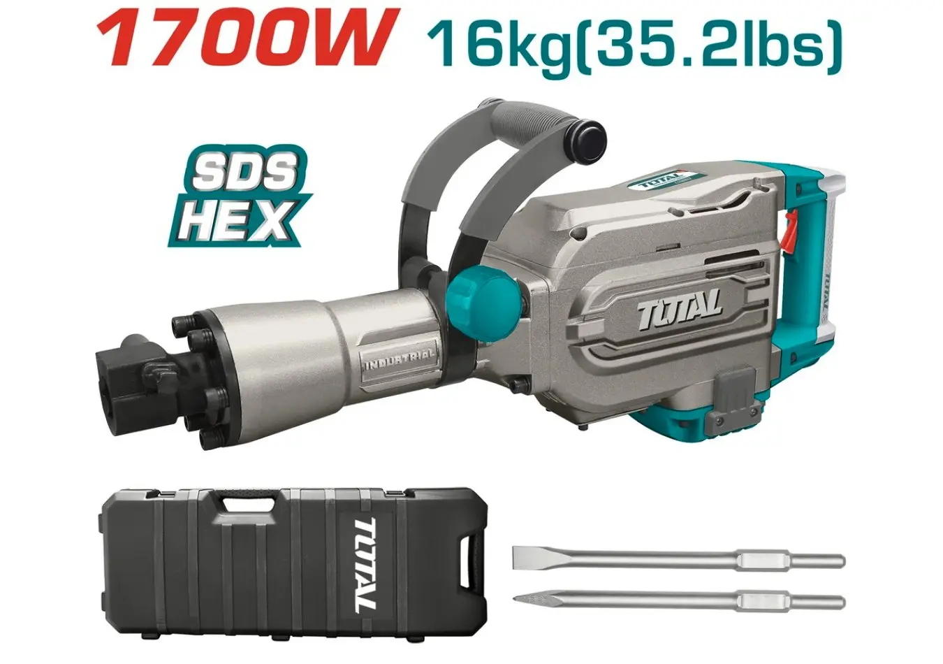 كسارة دق زيت 1700 واط 65 - HEX جسم معدن +ازاميل (شوكة+مبسط) ضمن حقيبة بلاستيكTOTAL - TH215456
