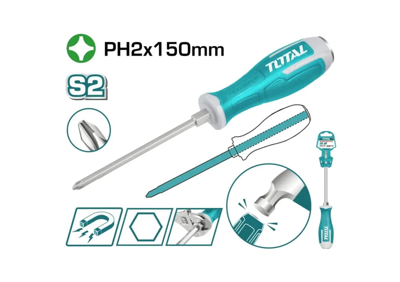 مفك براغي طرق مصالب PH2*150 ماركة TOTAL (( صناعي ))CRV - THGSPH21506