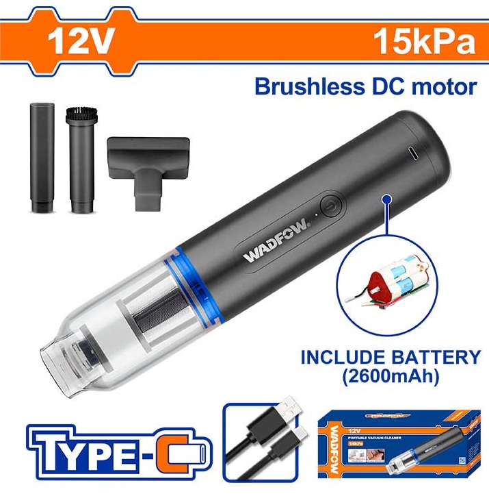 مكنسة سيارة 12 فولت اسطوانية بطارية داخلية شاحن TYPE-C 15 KPA + اكسسسوارات ماركة WADFOW - WLV1202